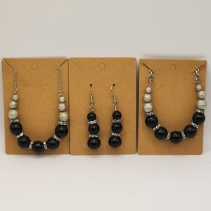 Necklace fishhook Earrings Bracelet Set Black Glass Clear rhinestone Silver bead